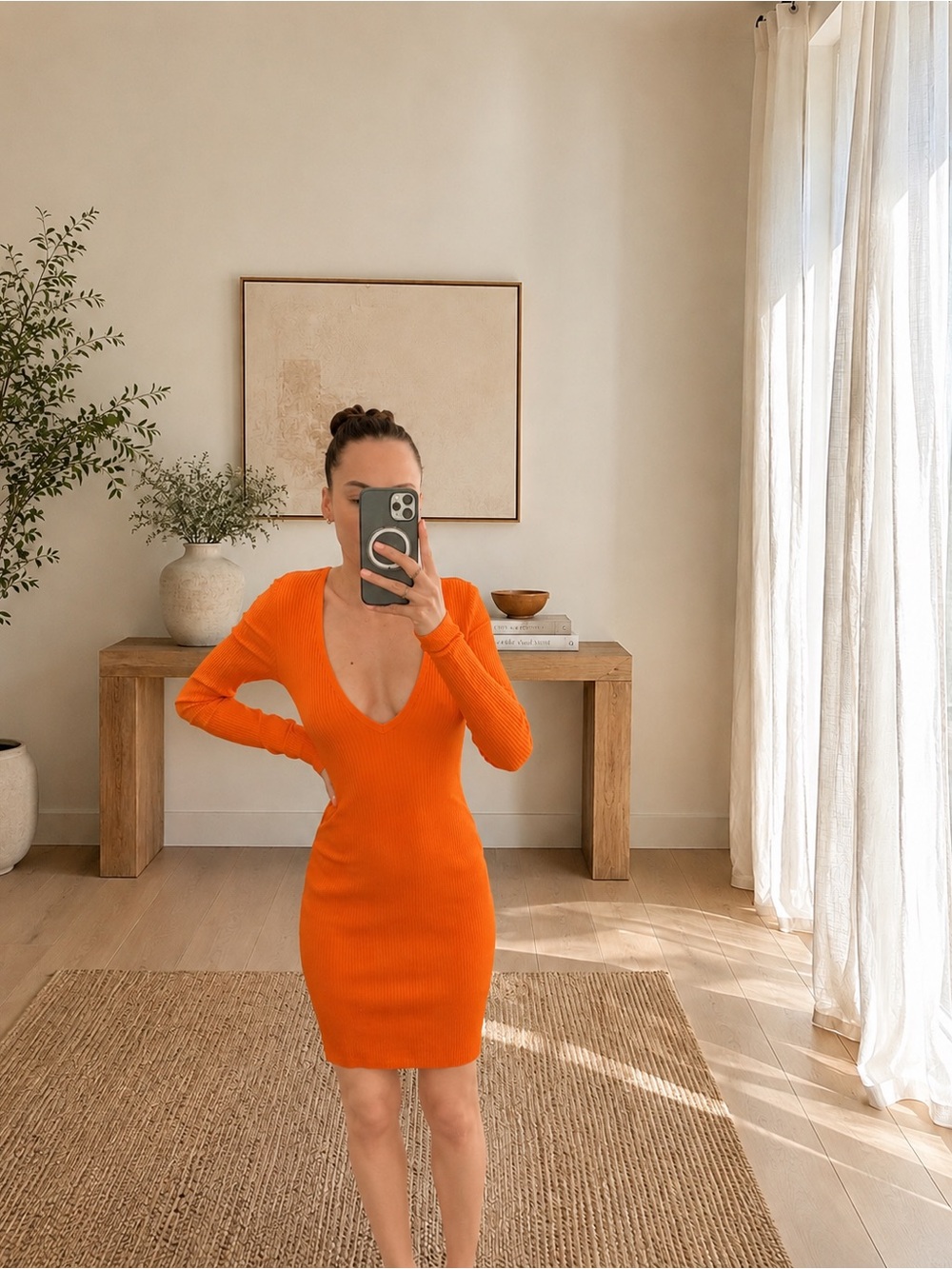 Wilfred Free Orange Ribbed V-Neck Bodycon Dress